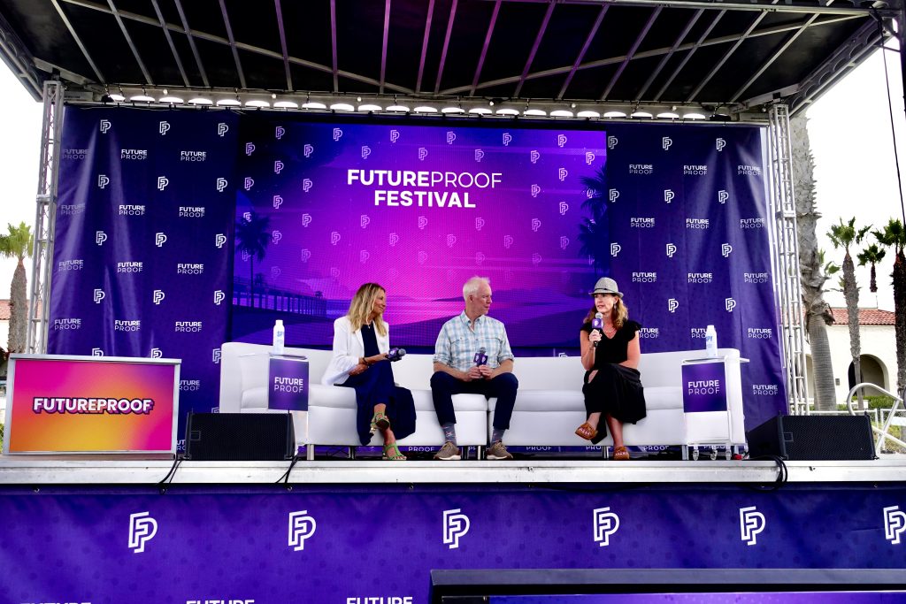 Panel discussion at Future Proof Festival 2025 with industry leaders Suzanne Siracuse, Brad Bueermann of FP Transitions, and Kay Lynn Mayhue of Merit Financial Advisors speaking on succession and sustainability planning in wealth management.